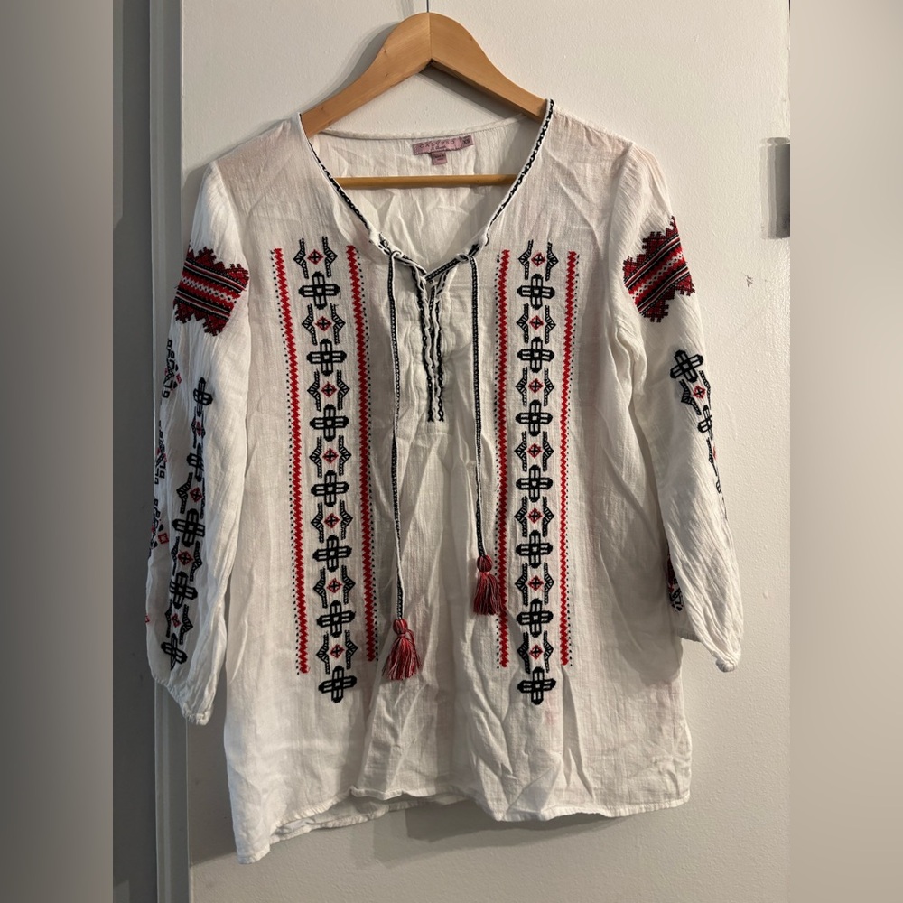 Calypso cotton Embroidered White and Red Women's Top/ tunic XS